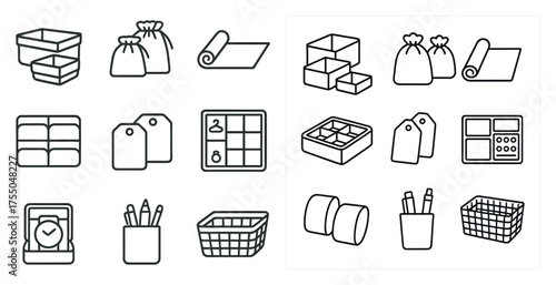 Home goods outline icons set – linear, organized, storage and utility symbols
