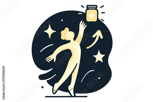 Reaching for Dreams. Stretching tall. Glowing person standing on tiptoes reaching toward a glowing jar high above. Floating icons of sparkle, star, and arrow