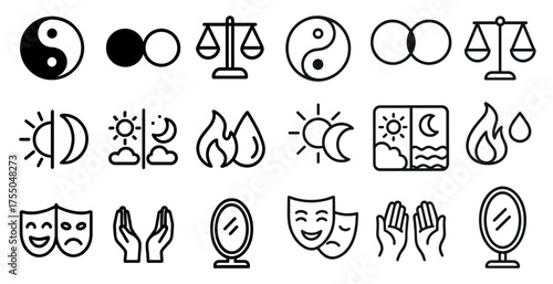 Balance and harmony line icons set – silhouette, outline, zen and equilibrium symbols