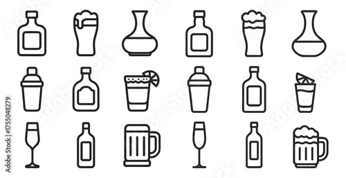 Beverage and drink outline icons set – flat, line, bar and cocktail symbols