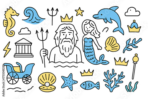 Neptune's Mythical Realm. Mythology. Hand-drawn doodle illustration Neptune god, trident, sea horse, wave, shell, mermaid, crown, temple, dolphin, chariot,