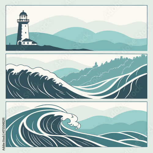 Vector art of seascape banners with lighthouse