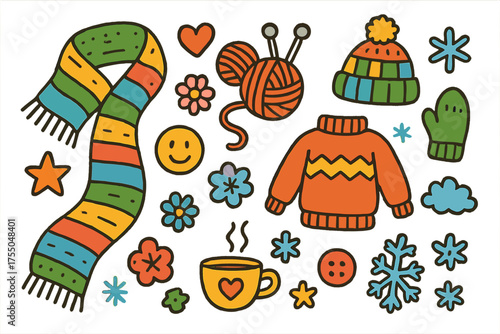 Colorful Knitting Doodles. Wool Scarf. Colorful Hand-drawn doodle Children illustration scarf, ball of yarn, knitting needles, sweater, hat, mitten, star,