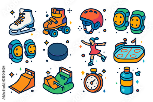 Isometric Skating Icons. Skating. Colorful isometric vector icons set of Skating: ice skates, roller skates, helmet, knee pads, elbow pads, skating rink, ice