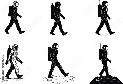 Astronaut walking silhouette illustration, space exploration suit, cosmic journey, futuristic science fiction, planetary surface, motion sequence design