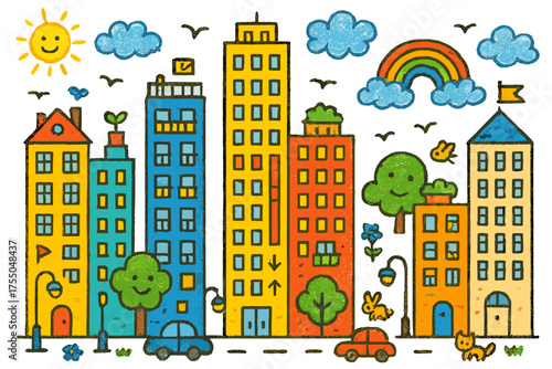 Skyscraper Neighborhood Doodle. Skyscraper Neighborhood. Colorful Hand-drawn doodle Children illustration tall buildings, windows, balconies, rooftop gardens,