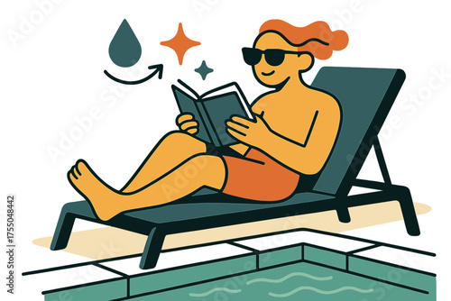 Glowing Poolside Reader. Poolside reading. Glowing person sitting on lounge chair by pool with book and sunglasses. Floating icons of droplet, sparkle, and