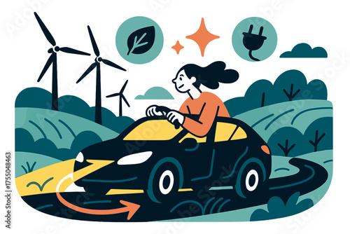 Electric Journey Harmony. Rural journey. Glowing EV driving through countryside with wind turbines in background. Floating icons of leaf, sparkle, and plug