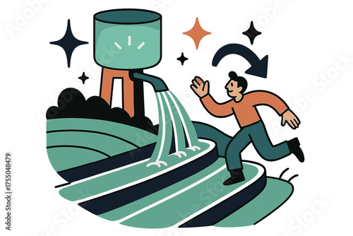 Dynamic Irrigation Scene. Gravity-fed irrigation. Glowing elevated tank distributing water evenly into terraced fields below. Floating icons of sparkle, star,