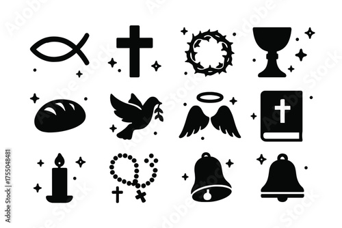 Christian Iconography Symbols. Christian Symbols. Solid icons set of Christian Symbols: ichthys fish, cross, crown of thorns, chalice, bread, dove, angel