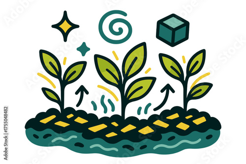 Irrigation Artistry. Mulch irrigation. Glowing crops surrounded by organic mulch with visible water retention effect. Floating icons of sparkle, swirl, and