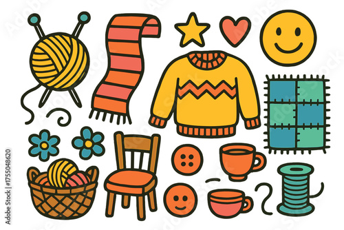 Colorful Knitting Doodles. Knitting. Colorful Hand-drawn doodle Children illustration yarn ball, knitting needles, scarf, sweater, blanket, star, heart, smiley