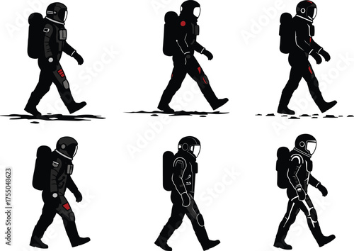 Astronaut walking illustration sequence, spacesuit motion, space exploration, cosmic journey, futuristic science fiction, astronaut gait concept design