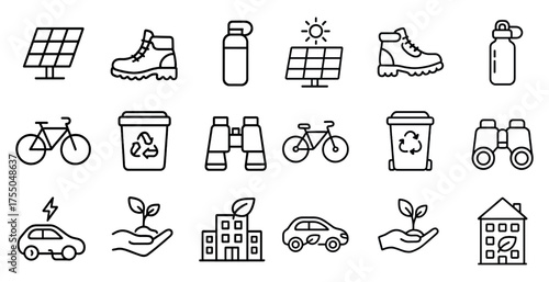 Eco-friendly lifestyle icons set – outline, linear, sustainable living symbols