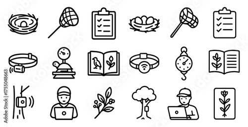 Birdwatching outline icons set – linear, avian observation, nature study symbols