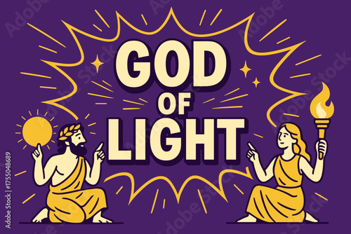 God of Light. God of Light banner, flat vector illustration, bold oversized text inside comic burst, cartoon characters sitting and pointing, holding sun discs