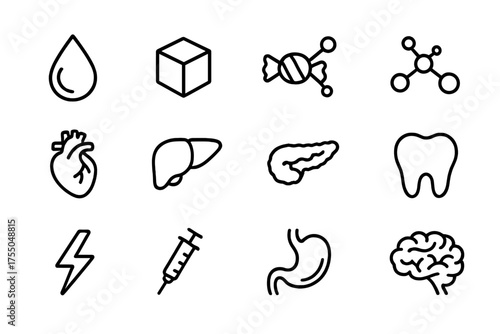Sugar Health Icons. Sugar health consequences. Line icon set of Sugar health consequences: blood drop, sugar cube, candy, glucose molecule, heart, liver,
