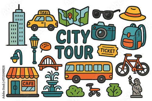 Colorful City Adventure Icons. City Tour. Colorful Hand-drawn doodle Children illustration City Tour skyscraper, taxi, map, camera, backpack, sunglasses, hat,