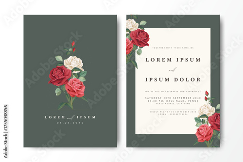 Elegant wedding invitation card design featuring vibrant red and white roses on a dark green background. Perfect for modern wedding and reception invitations with classic floral elements.