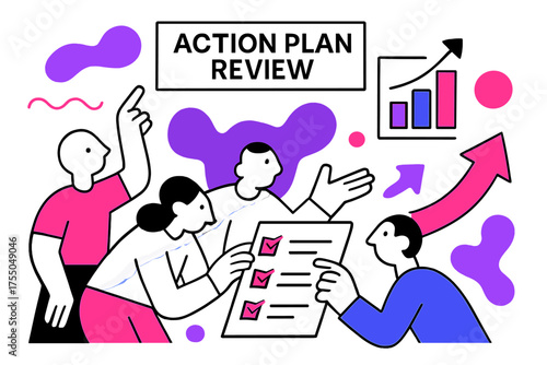 Abstract Strategy Analysis. Action Plan Review. Team of abstract figures reviewing floating geometric charts, arrows, and checklists, collaborative evaluation
