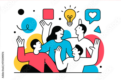 Geometric Teamwork Inspiration. Team Inspiration. Group of abstract figures with floating geometric shapes and glowing icons above, collaborative and uplifting