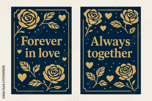 Forever Always Banners. Forever in love. Two vertical A6 banners with safe margins, centered composition, no elements touching edges, bold, navy and gold,