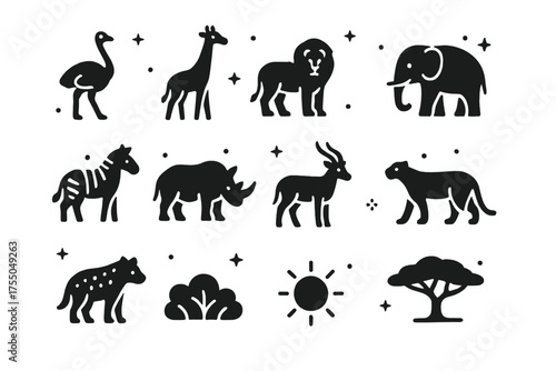 African Wildlife Icons. African Wildlife. Solid icons set of African Wildlife: ostrich, giraffe, lion, elephant, zebra, rhino, antelope, cheetah, hyena, bush,
