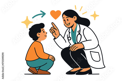 Caring Doctor Interaction. Listening carefully. Glowing doctor crouched to child?s eye level, smiling while explaining care. Floating icons of sparkle, heart,