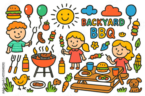 Backyard BBQ Fun. Backyard BBQ. Colorful Hand-drawn doodle Children illustration children grilling, burgers, sausages, skewers, vegetables, picnic table,