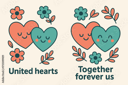 United Hearts Banners. United hearts. Two vertical A6 banners with safe margins, centered composition, no elements touching edges, cartoon, coral and teal,