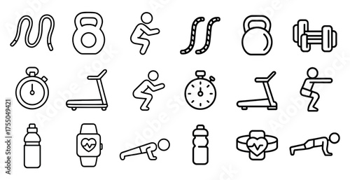 Fitness training outline icons set – workout, exercise, gym symbols