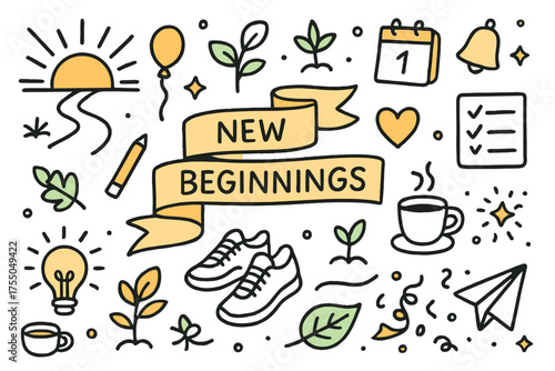 Symbolic Sunrise Doodles. New Beginnings. Hand-drawn doodle illustration Sunrise, calendar, notebook, pencil, path, shoes, plant, coffee cup, stars, heart,