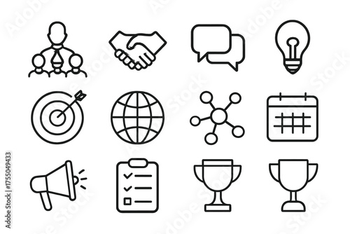 Diverse Leadership Icons. Leadership with diversity. Line icon set of Leadership with diversity: leader figure, team of diverse people, handshake, speech