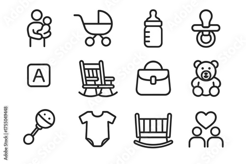 Child Care Icons. Child care. Line icon set of Child care: parent holding child, stroller, baby bottle, pacifier, toy block, rocking chair, diaper bag, teddy