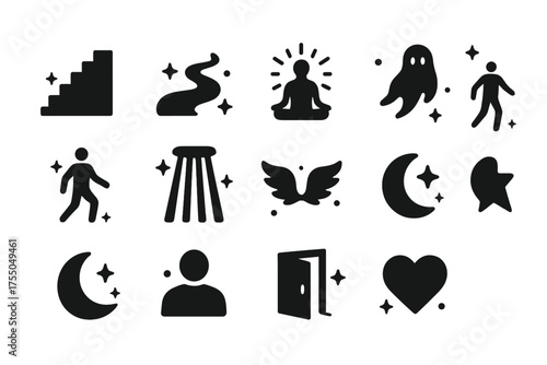 Sacred Path Icons. Sacred path. Solid icons set of Sacred path: stairs, path, glowing aura, floating spirit, ascending figure, light beam, wings, star,