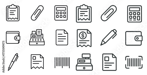 Finance and office line icons set – outline, linear, business and stationery symbols