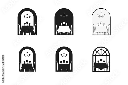 Banquet Logo Variations. Banquet. Set Logo of Banquet: banquet hall with table arrangement. harmonious logo variations of the same emblematic concept, each