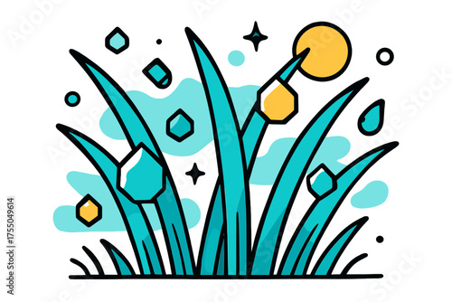 Dewy Geometric Grass. Dewy Grass. Close-up of abstract grass blades with floating geometric water droplets, soft sunlight reflections, calm early morning vibe.