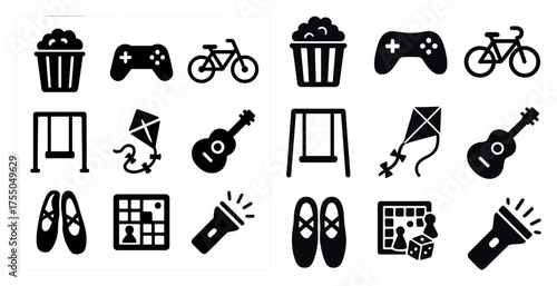 Leisure and recreation silhouette icons set – bold, filled, lifestyle symbols
