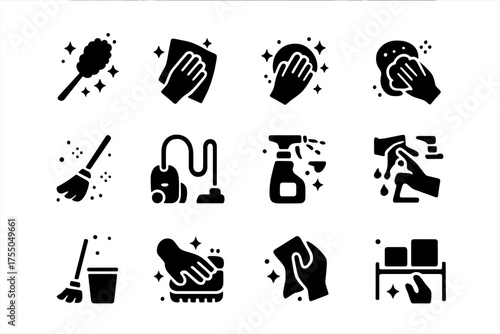 Cleaning Icons Set. Cleaning Actions. Solid icons set of Cleaning Actions: dusting, wiping, polishing, scrubbing, sweeping, vacuuming, spraying, rinsing,