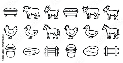Farm animals outline icons set – simple, linear, agricultural and rustic symbols