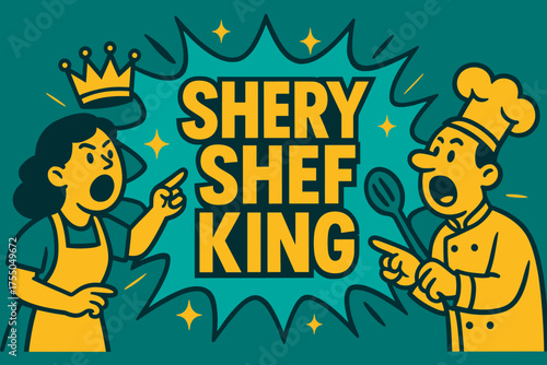 Shery Shef King Banner. Shery Shef King banner, flat vector illustration, bold oversized text inside splash explosion, cartoon characters shouting