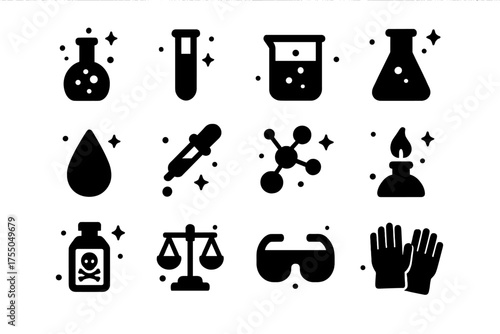 Reaction Testing Icons. Reaction testing. Solid icons set of Reaction testing: bubbling flask, test tube, beaker, flask, droplet, pipette, molecule, burner,