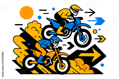 Geometric Motocross Race. Dirt Track Race. Two motocross riders on abstract geometric track, floating dust clouds and motion arrows, high-energy competitive