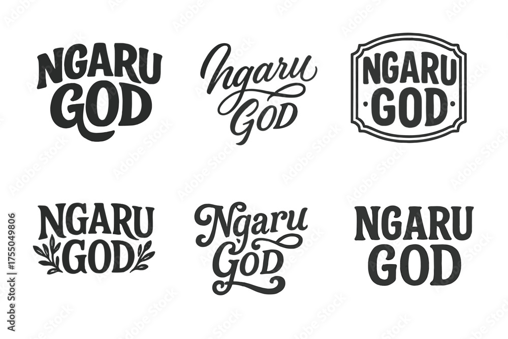 Obraz premium Ngaru God Lettering Styles. Ngaru God. Set lettering. harmonious lettering variations of the same emblematic concept (Bold hand-lettering with playful swashes,