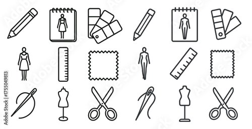 Tailoring and sewing outline icons set – linear, fashion, design tools