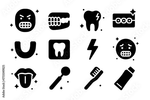 Teeth Grinding Icons. Grinding teeth. Solid icons set of Grinding teeth: face with clenched teeth, jaw, molar tooth, braces, mouthguard, dental