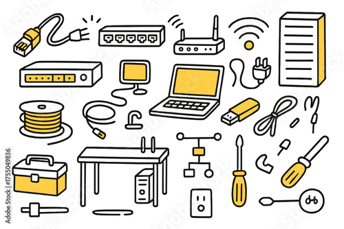 IT Networking Doodle. IT Networking. Hand-drawn doodle illustration Ethernet cable, RJ45 connector, patch panel, router, switch, laptop, server, desk, cable