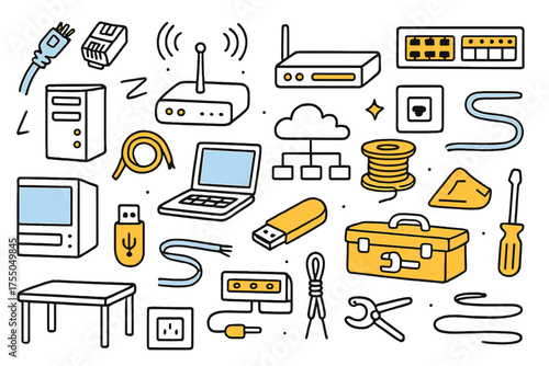 Networking Essentials Doodle. Data Cables. Hand-drawn doodle illustration Network cable, Ethernet cable, RJ45 connector, router, switch, patch panel, server,