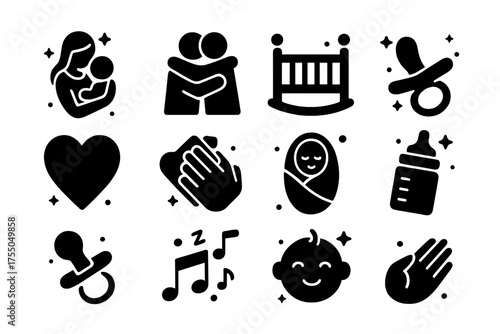 Tender Moments Icons. Tender Moments. Solid icons set of Tender Moments: mother and child, hugging, rocking chair, cradle, heart, hand holding, blanket, baby